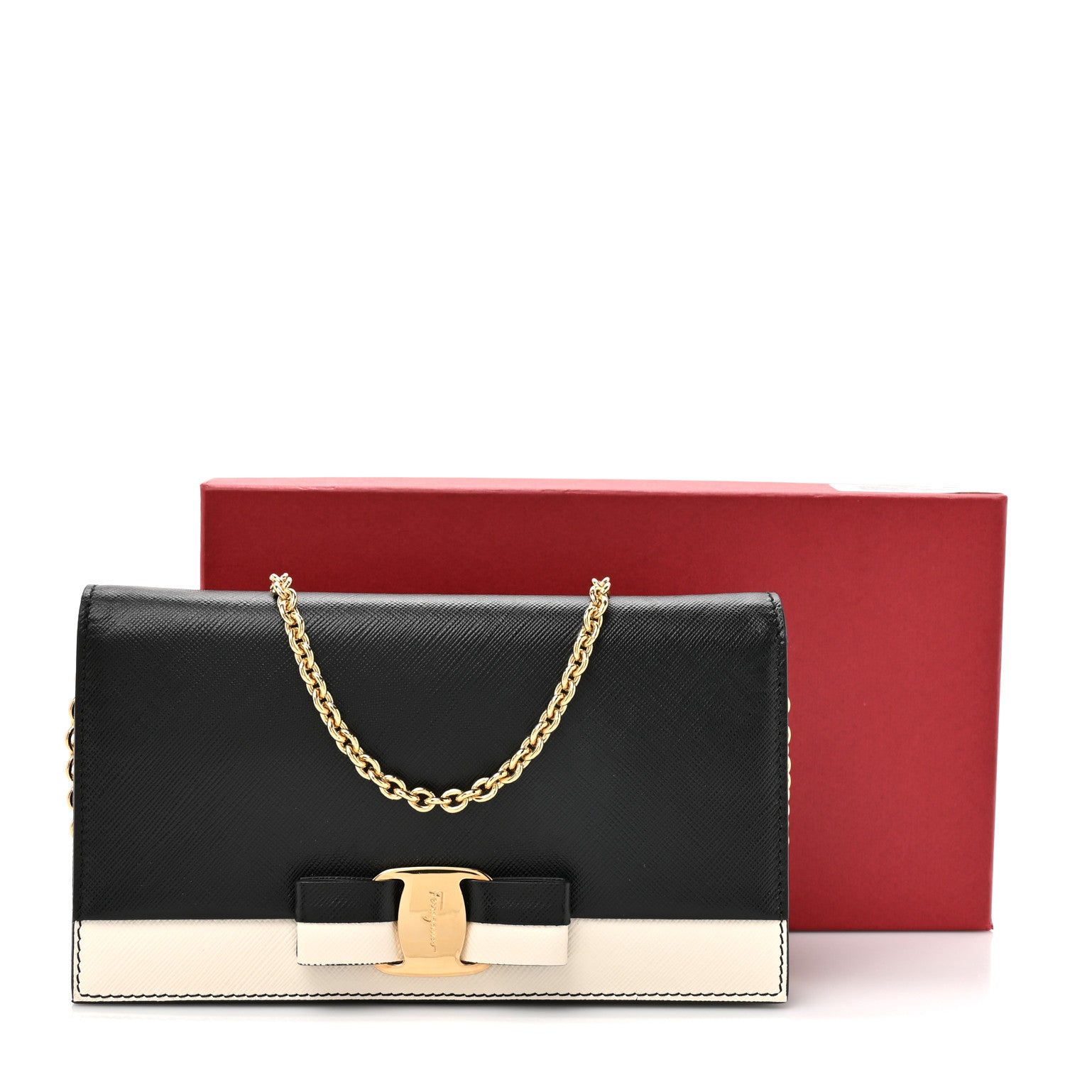 Salvatore Ferragamo Hammered Calfskin Vara Bow Chain Wallet Black White 11 of 11