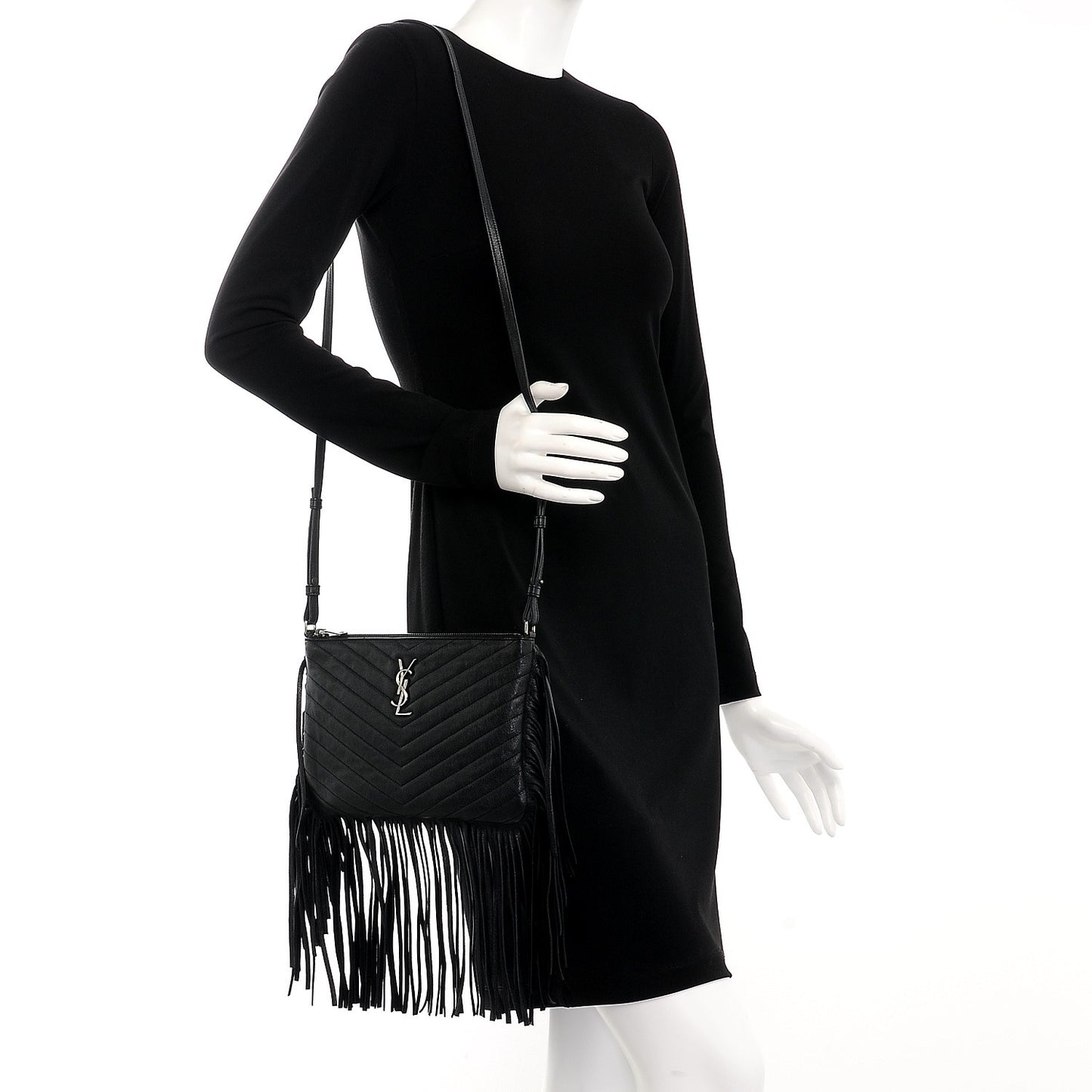 Sheepskin Chevron Small Fringe Crossbody Bag Black
