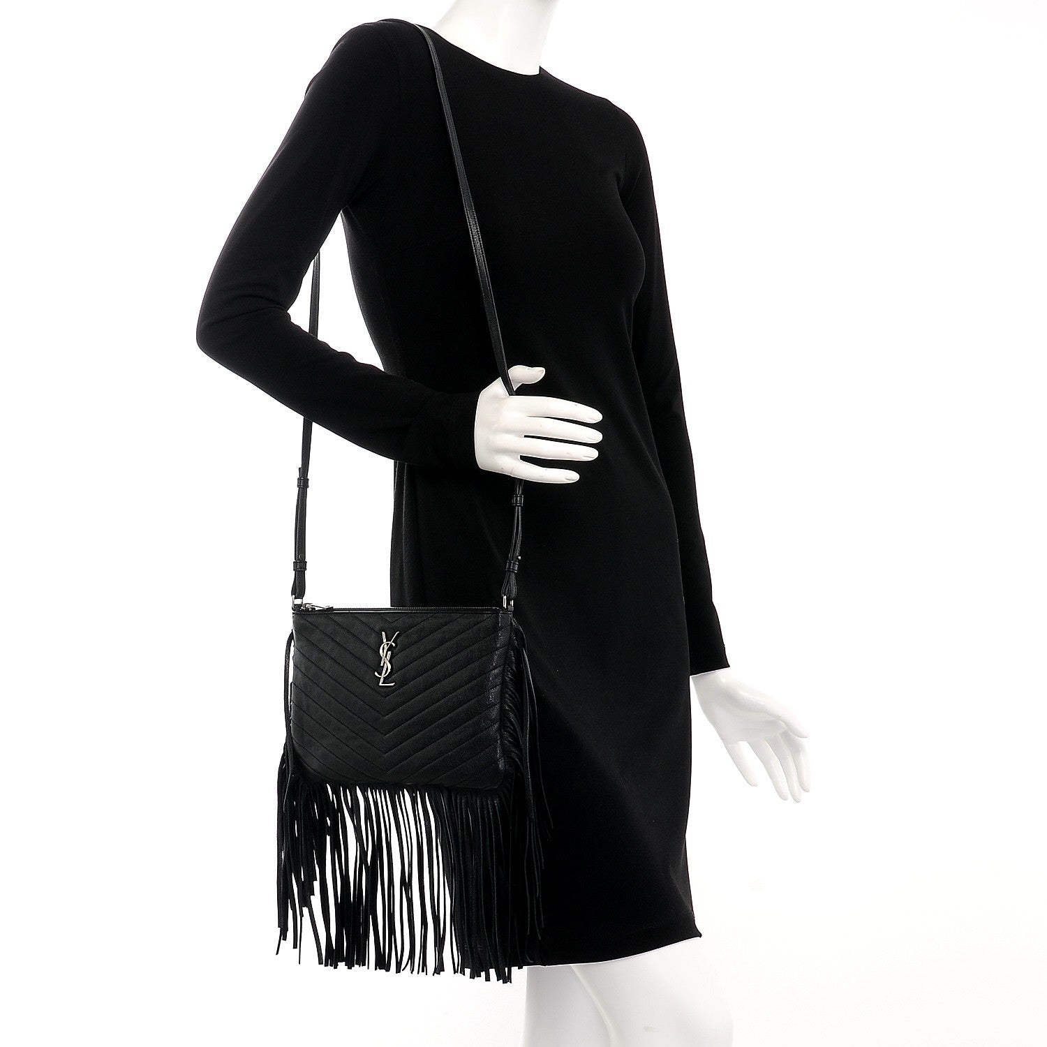 Saint Laurent Sheepskin Chevron Small Fringe Crossbody Bag Black 2 of 7