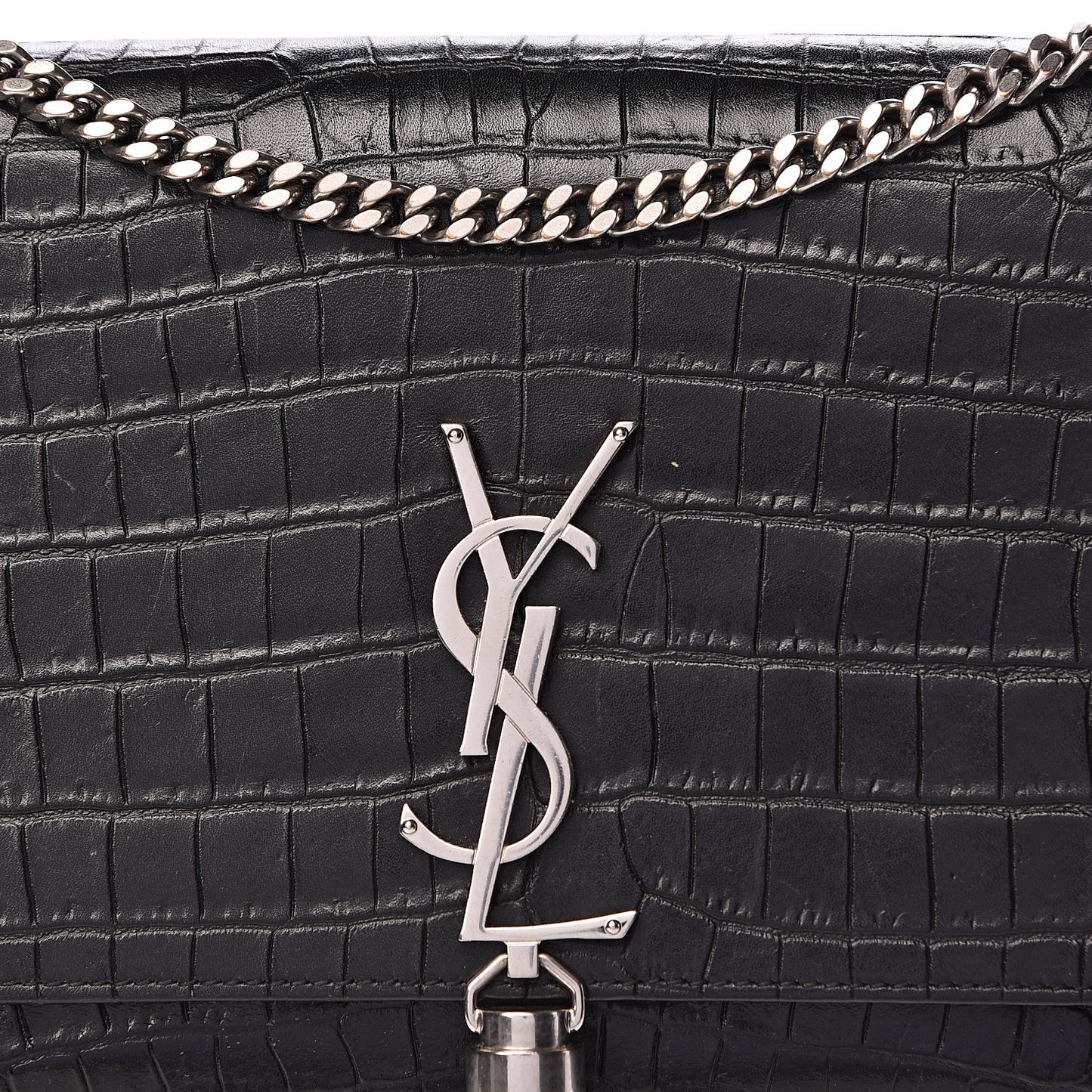 Calfskin Crocodile Embossed Medium Classic Monogram Kate Tassel Satchel Black