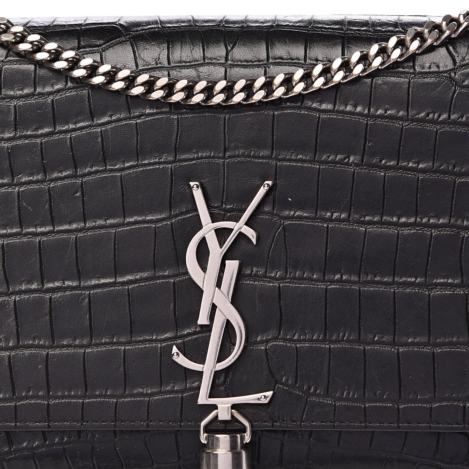 Saint Laurent Calfskin Crocodile Embossed Medium Classic Monogram Kate Tassel Satchel Black 12 of 12