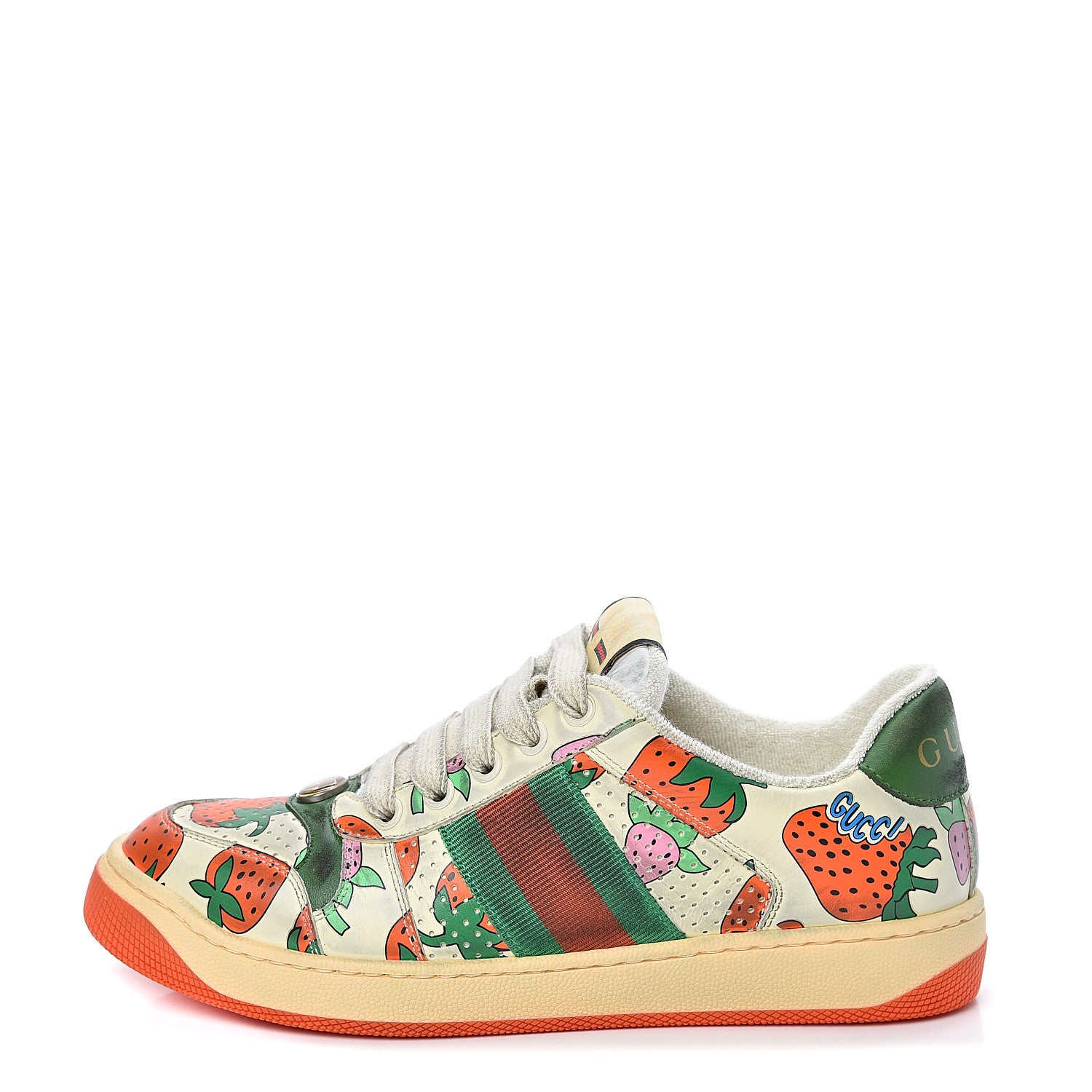 Gucci Nubuck Web Strawberry Print Womens Screener Sneakers 35.5 Dusty Milk White Vintage Green 1 of 10