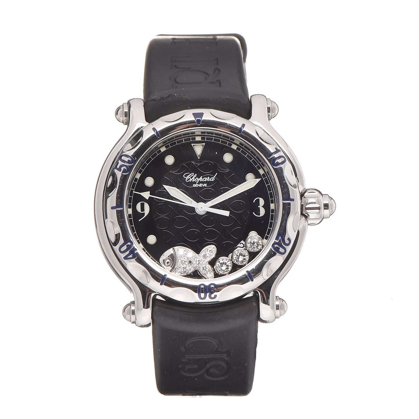 Stainless Steel Rubber Diamond 38mm Happy Sport Fish Quartz Watch Black