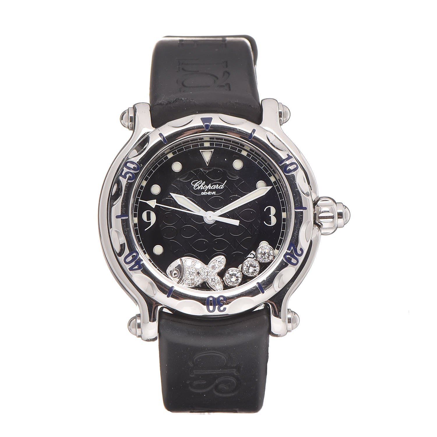 Chopard Stainless Steel Rubber Diamond 38mm Happy Sport Fish Quartz Watch Black 1 of 9