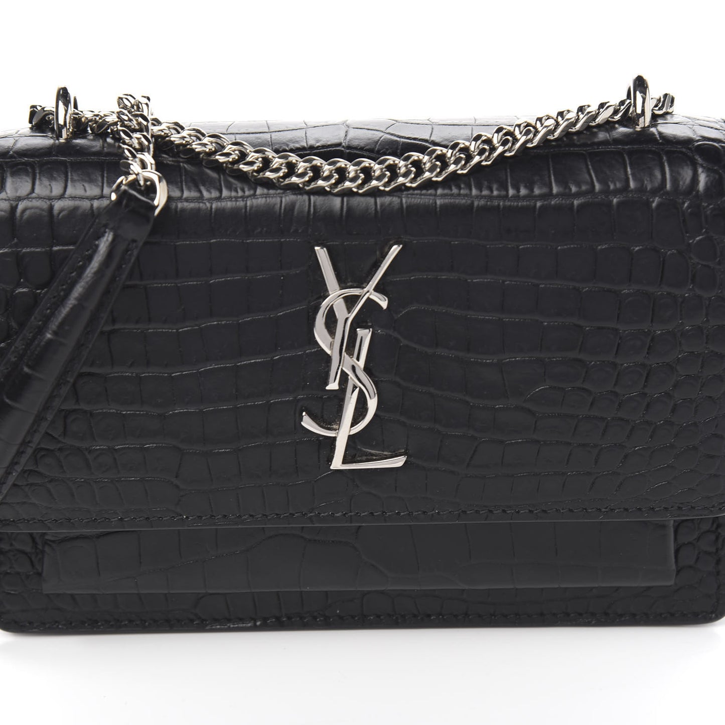 Calfskin Crocodile Embossed Monogram Sunset Chain Wallet Black