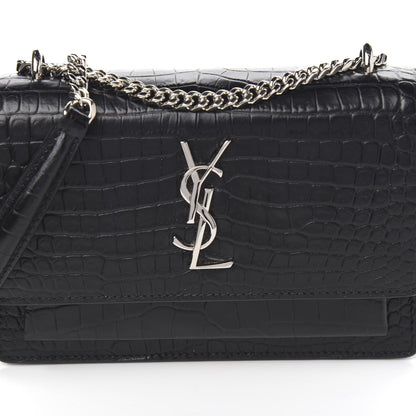 Saint Laurent Calfskin Crocodile Embossed Monogram Sunset Chain Wallet Black 7 of 8