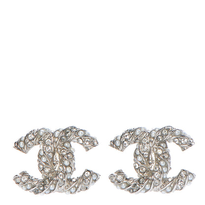 Chanel Pearl Crystal CC Twisted Earrings Grey 1 of 5