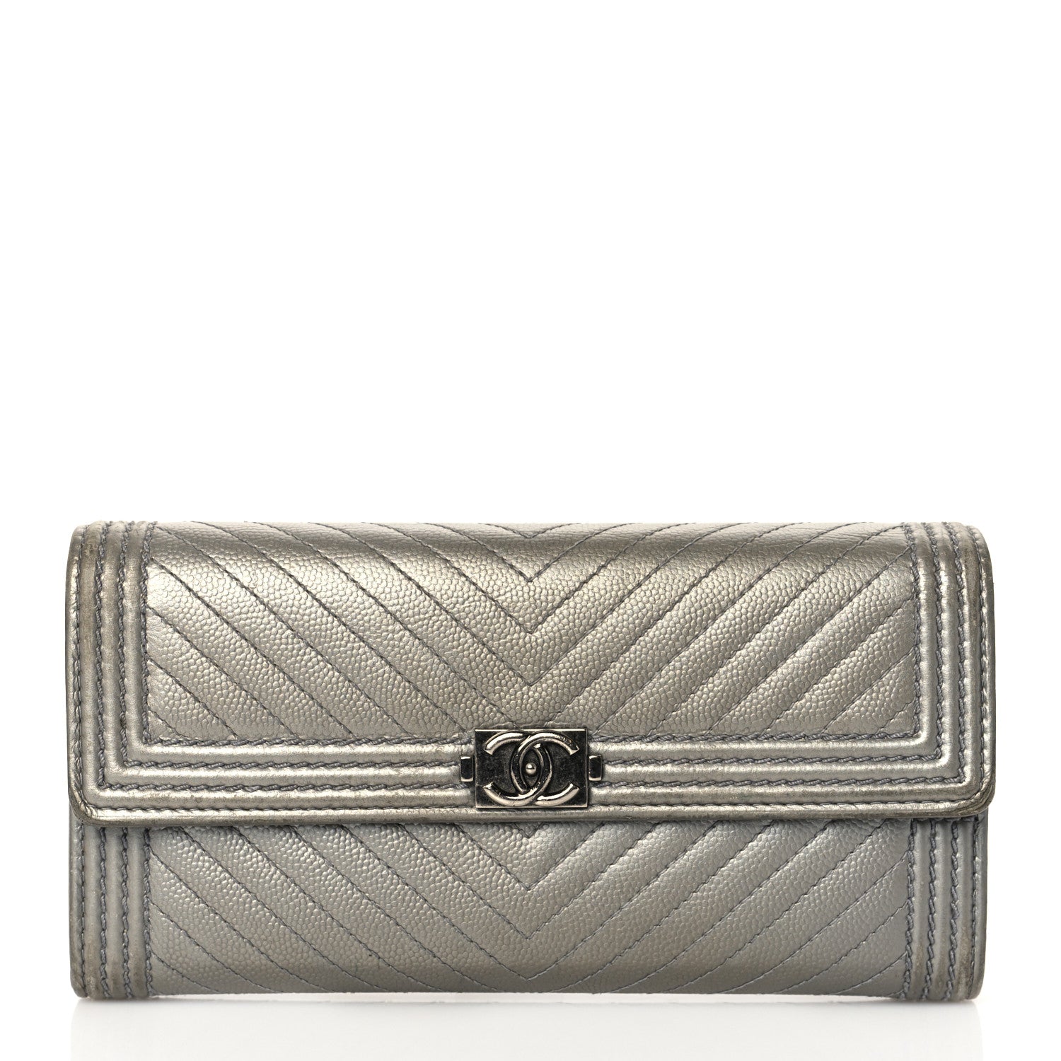 Chanel Metallic Caviar Chevron Quilted Large Boy Gusset Flap Wallet Silver 1 of 8