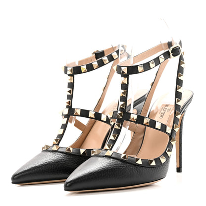 Valentino Garavani Pebbled Calfskin Rockstud Ankle Strap 100mm Pumps 37.5 Black 3 of 18