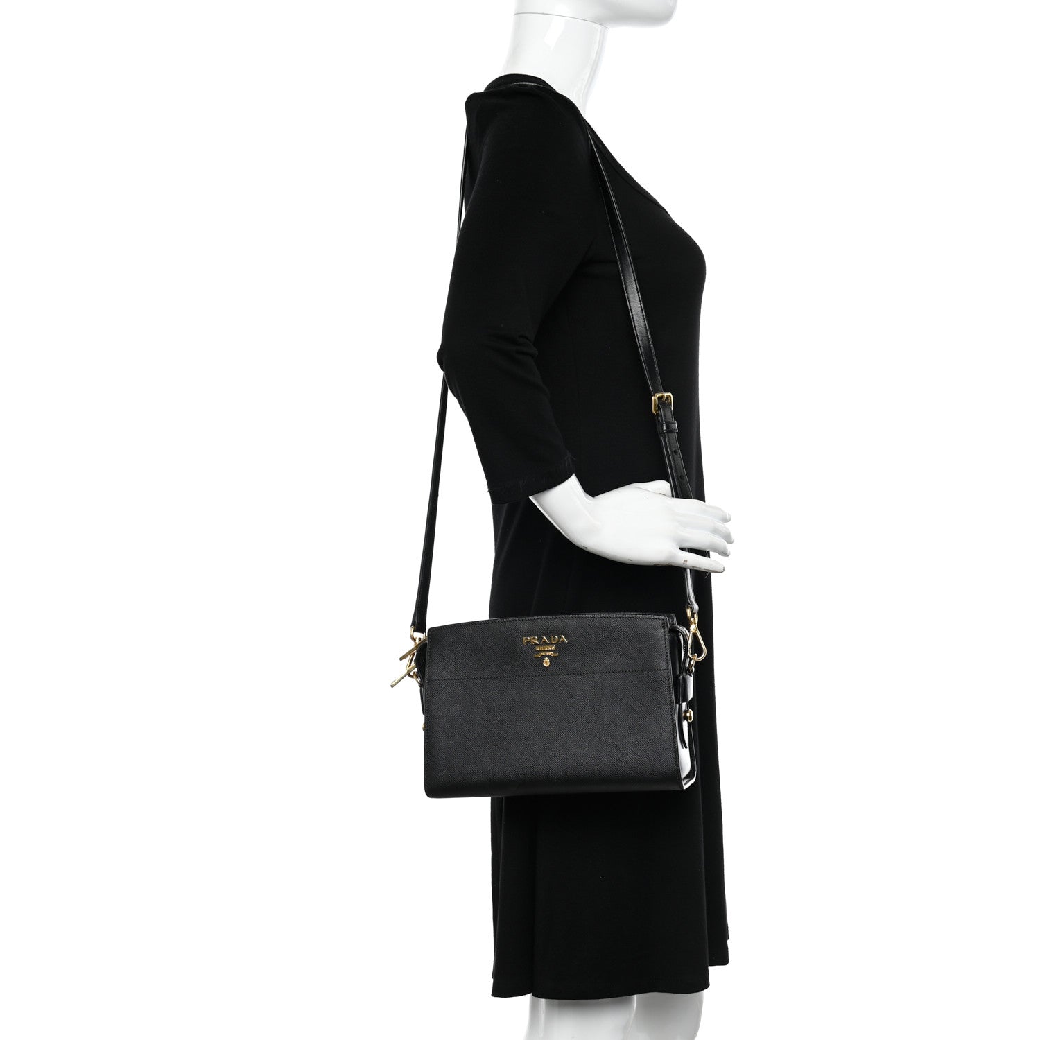 Prada Saffiano City Calfskin Esplanade Crossbody Bag Black 2 of 9