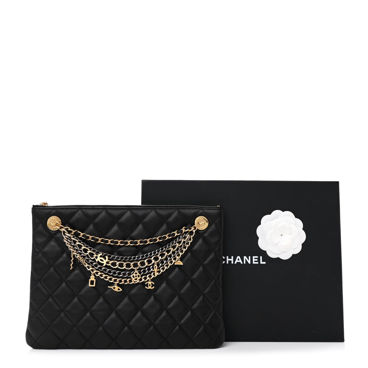 Lambskin Quilted Egyptian Amulet Zipped Pouch Black