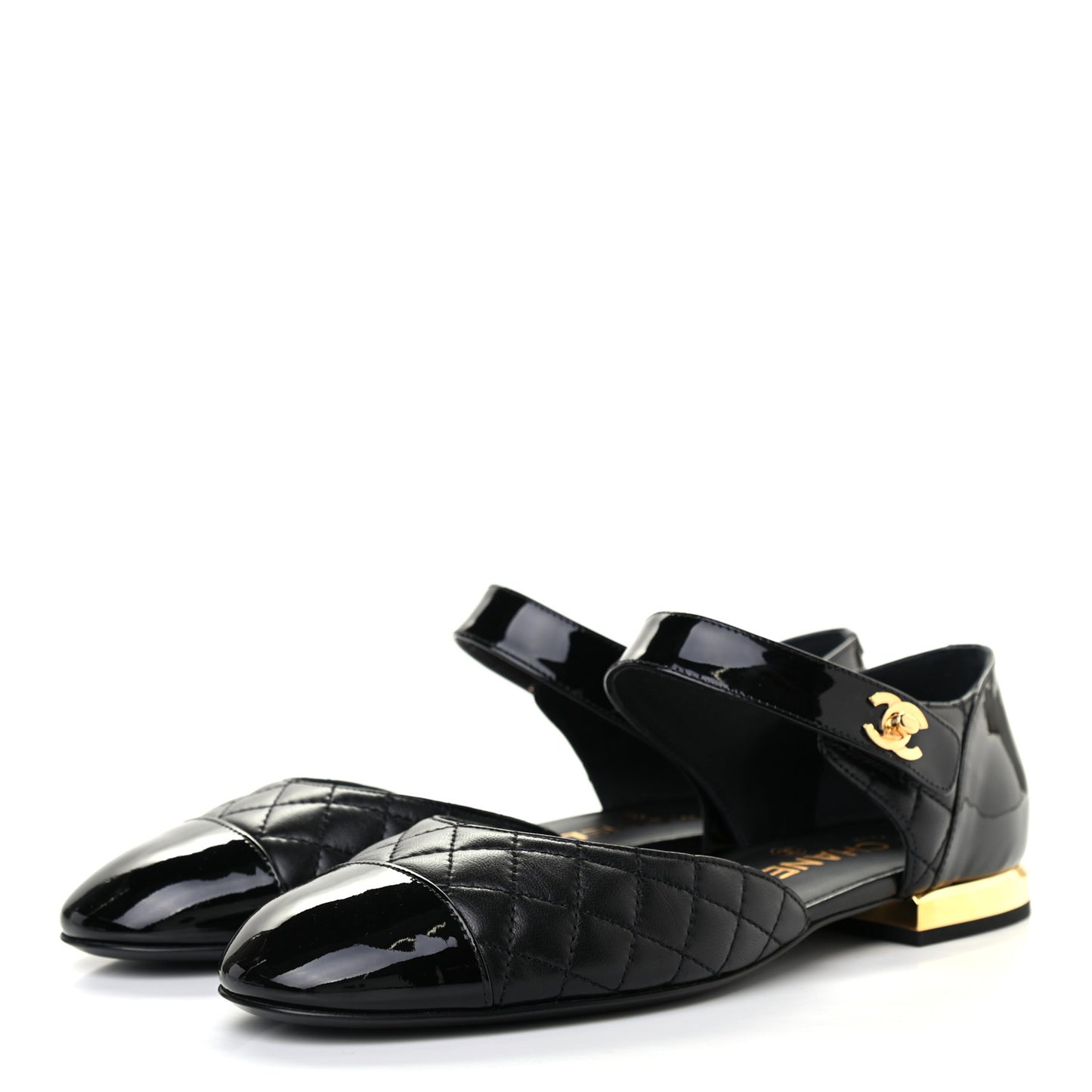 Patent Lambskin Quilted Cap Toe Ballerina Flats 38 Black