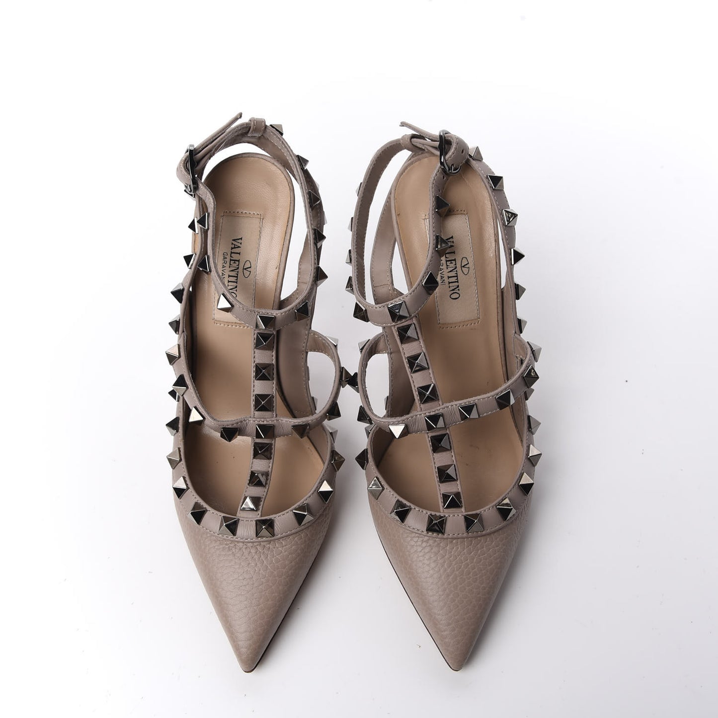 Pebbled Calfskin Rockstud Ankle Strap Pumps 35 Poudre
