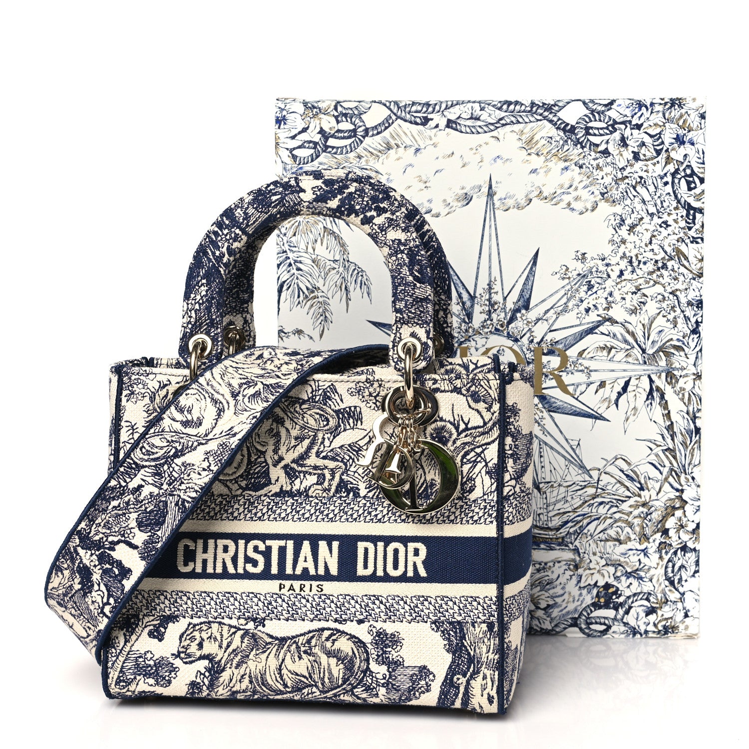 Christian Dior Canvas Toile De Jouy Embroidered Medium Lady D-Lite Navy 10 of 10