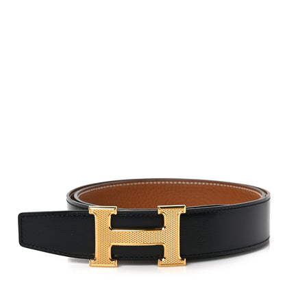 Hermes Box Togo 32mm Guilloche H Belt 85 34 Black Gold 1 of 4