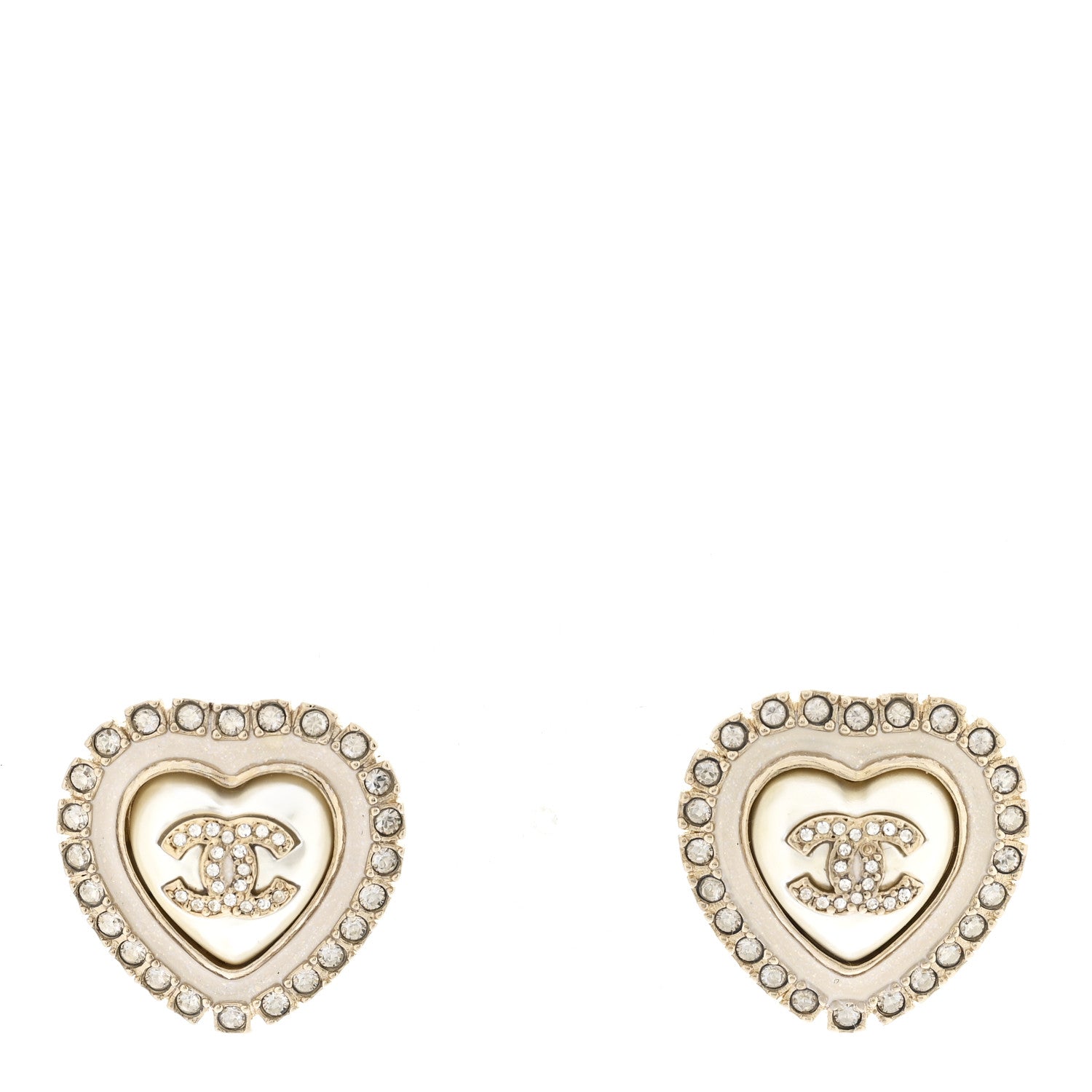 Chanel Pearl Crystal CC Heart Earrings Gold White Gold 1 of 5