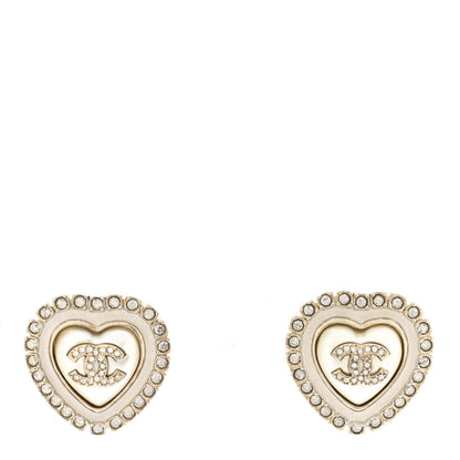 Chanel Pearl Crystal CC Heart Earrings Gold White Gold 1 of 5