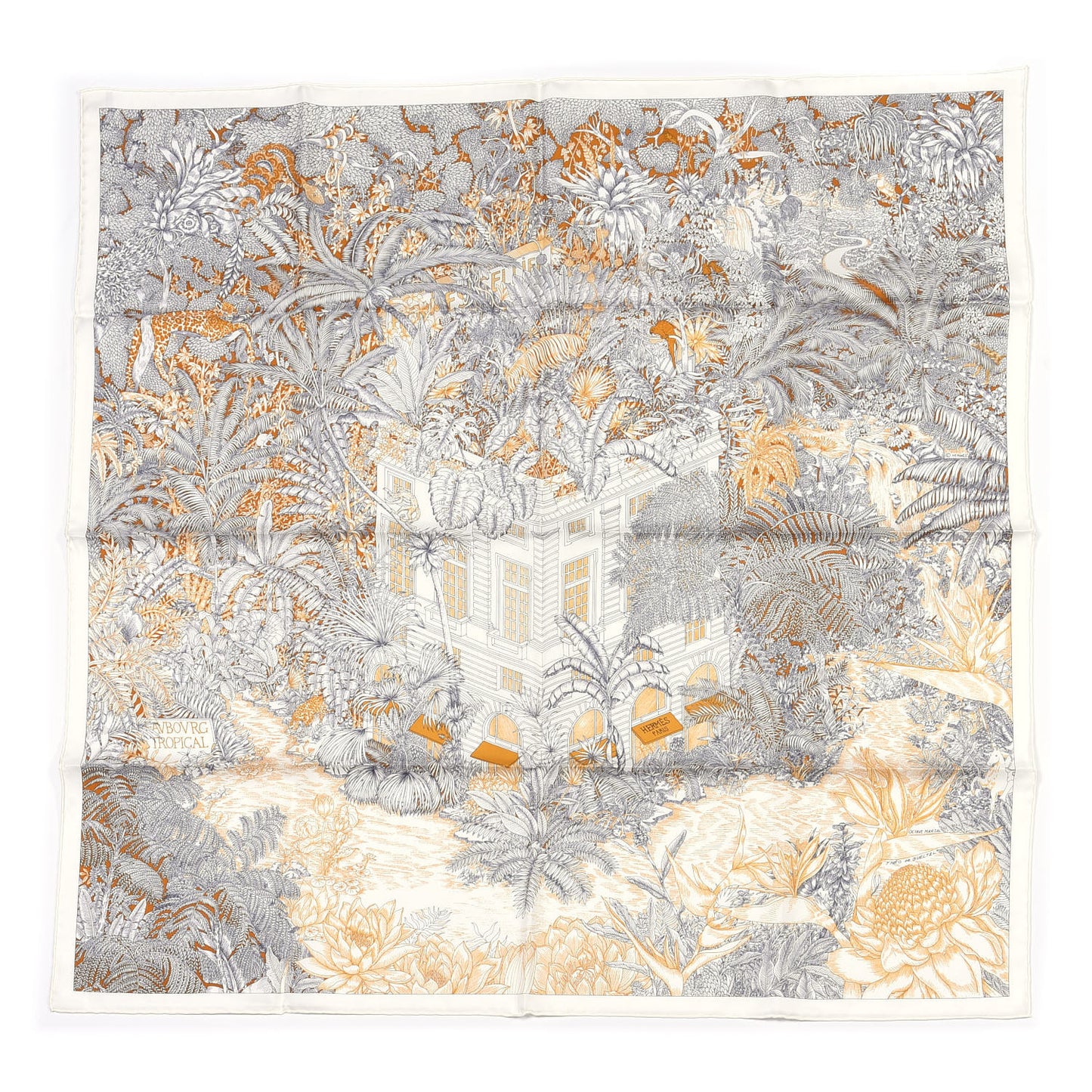 Silk Faubourg Tropical Scarf 90 Sepia White Caramel