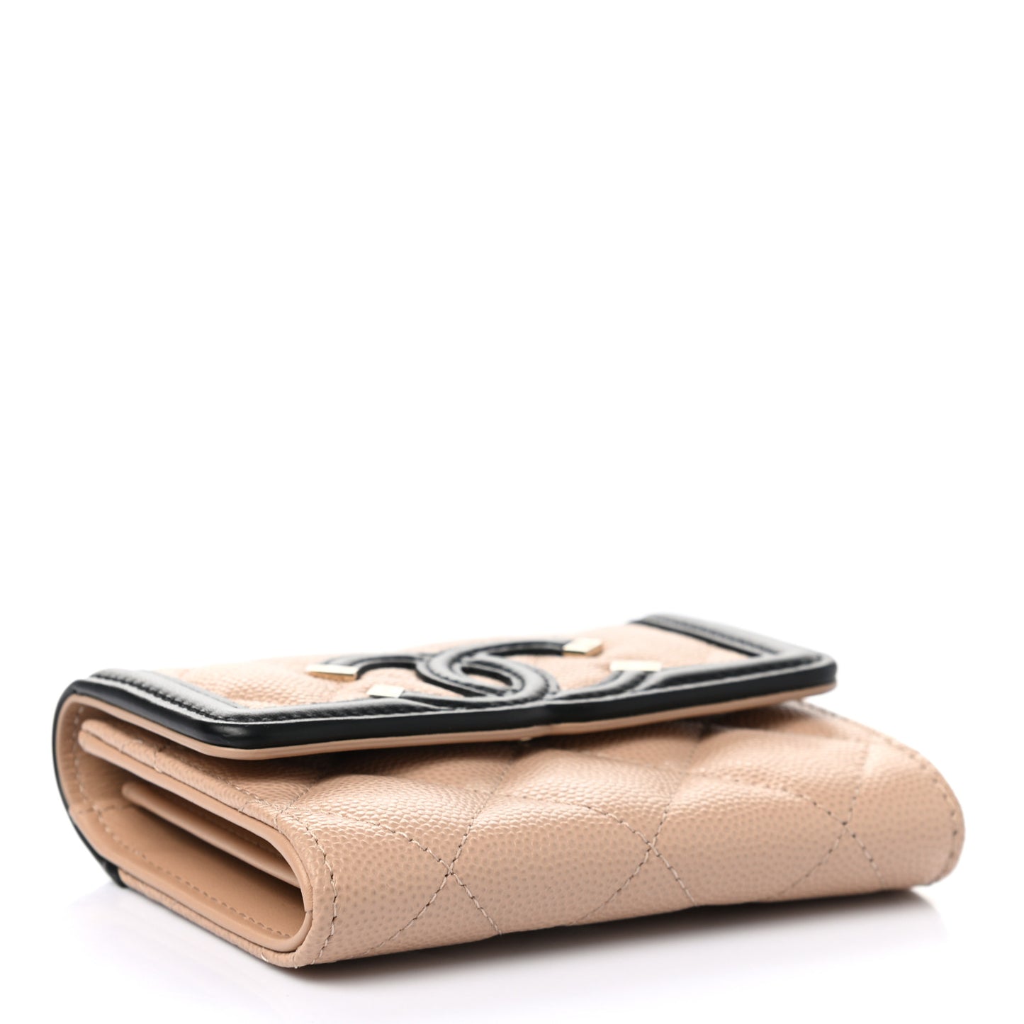 Caviar Quilted Filigree Flap Card Holder Beige Black