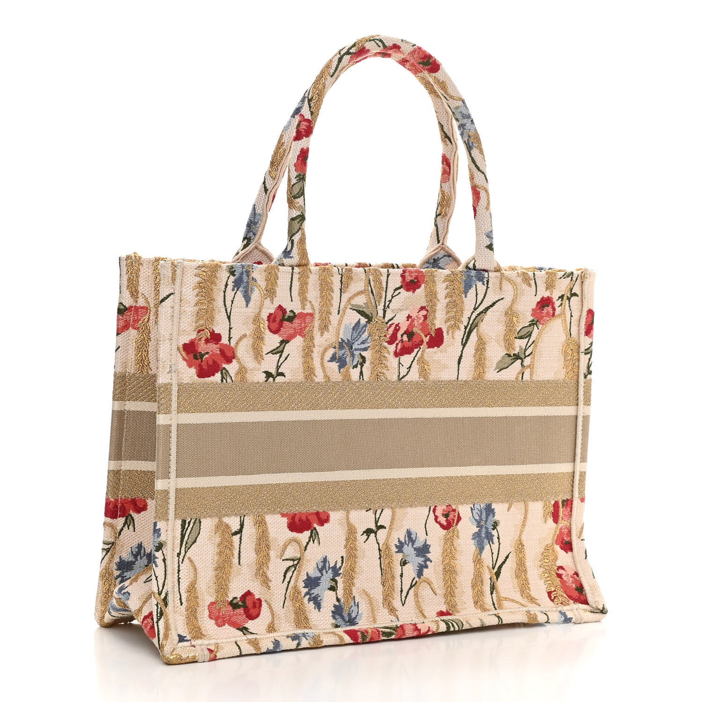 Canvas Embroidered Medium Hibiscus Book Tote Beige Multicolor