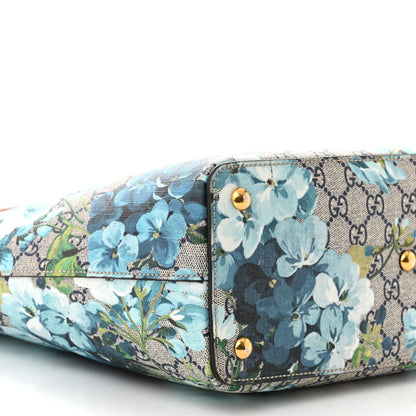 Gucci GG Supreme Monogram Blooms Medium Zippered Bucket Tote Beige Blue Navy Hibiscus Red 9 of 12