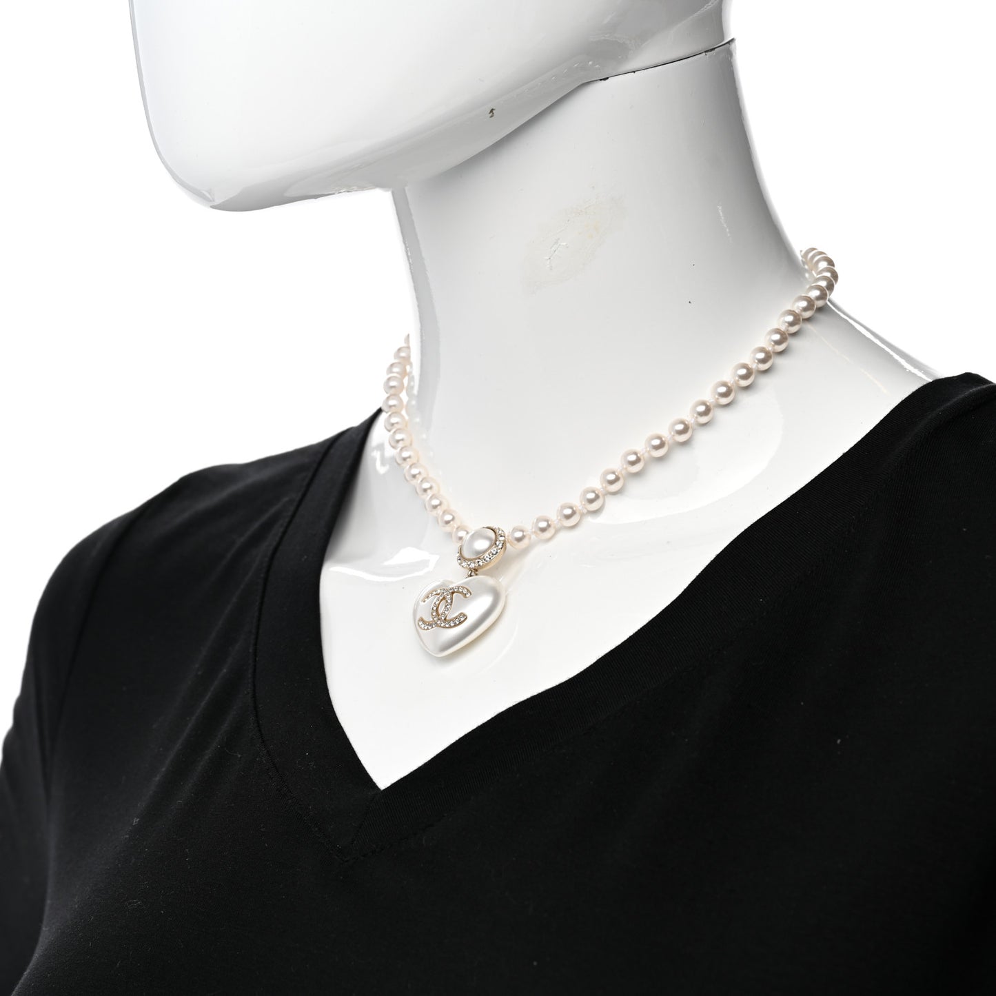Pearl Crystal CC Heart Short Necklace Pearly White Gold