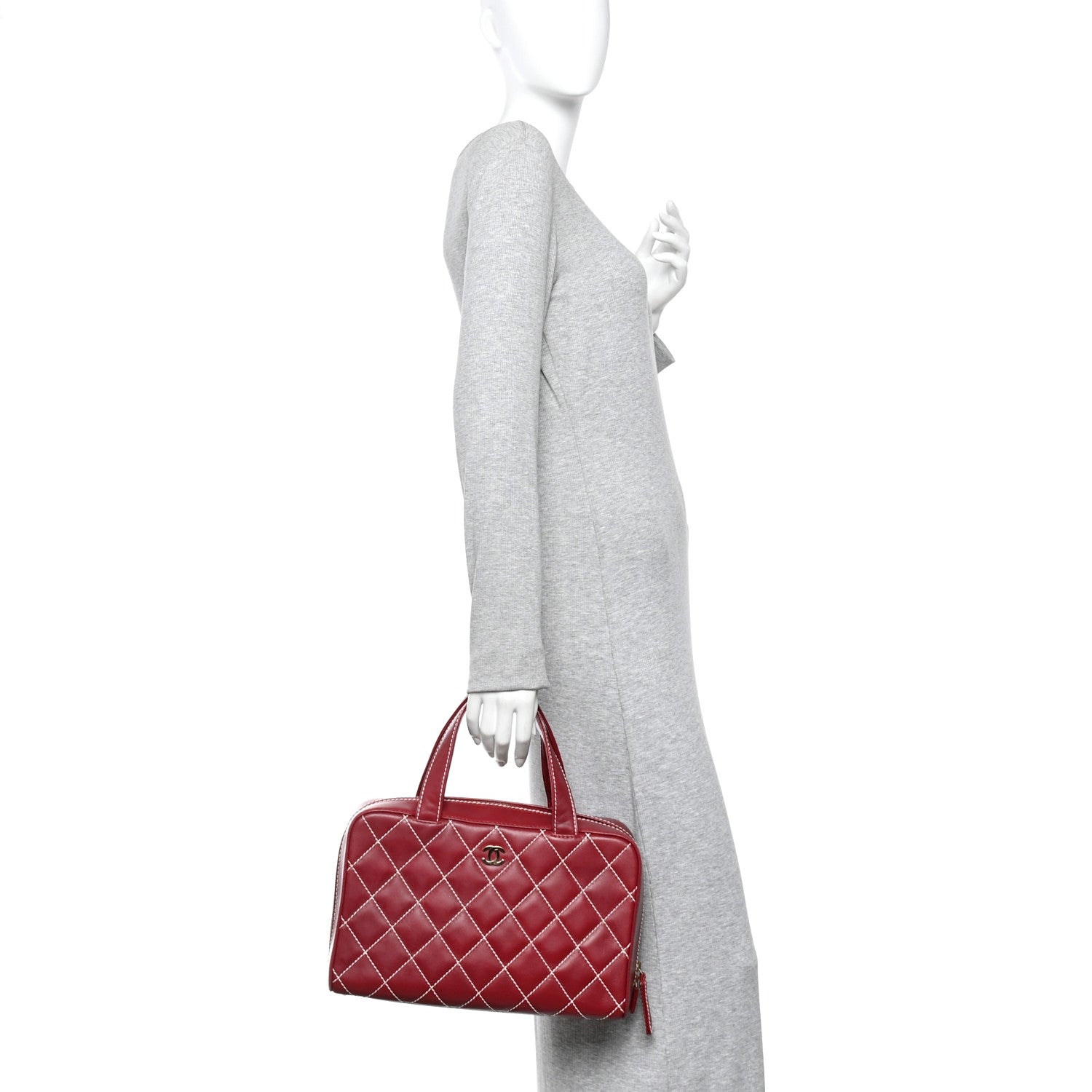 Chanel Calfskin Contrast Stitch Surpique Bowler Red 2 of 12