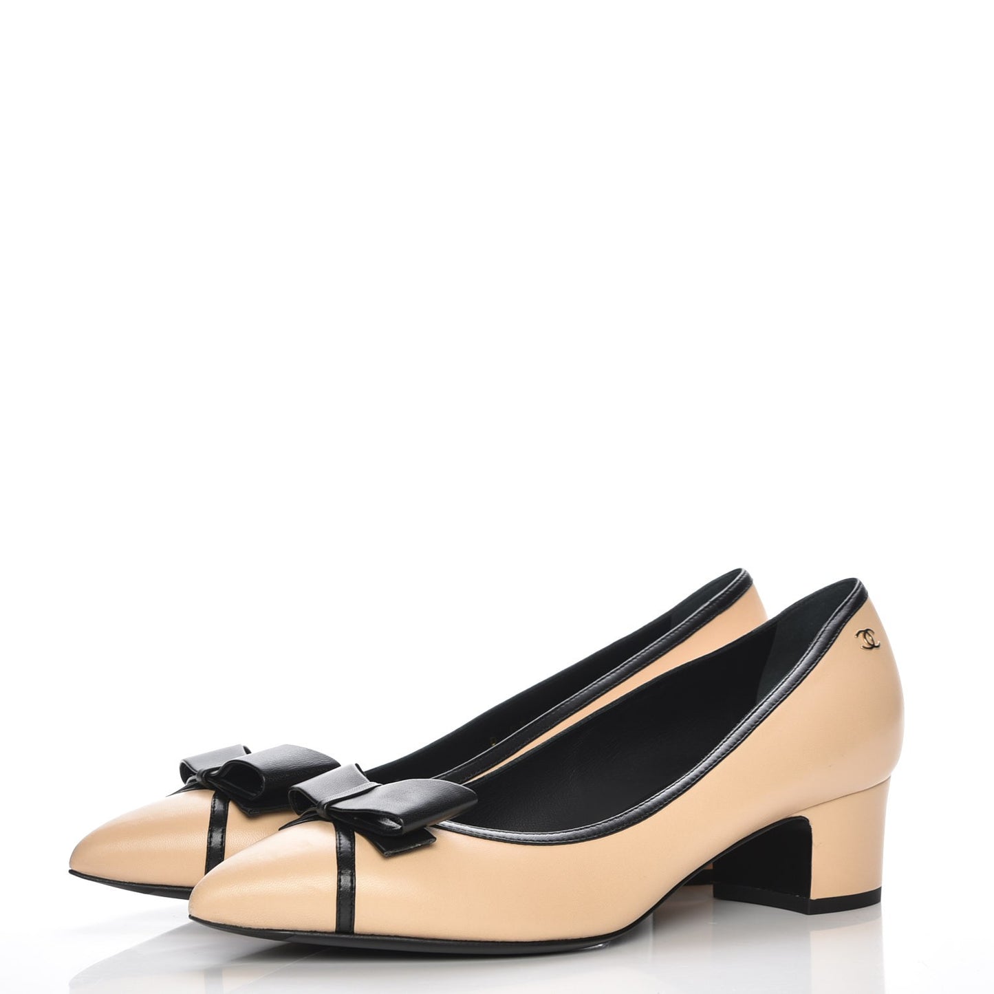 Lambskin Bow Pointed Toe Pumps 39.5 Beige Black