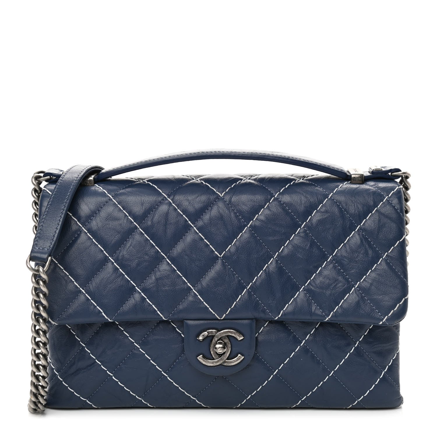 Chanel Aged Calfskin Chevron Stitched Quilted Flap Blue 1 of 10