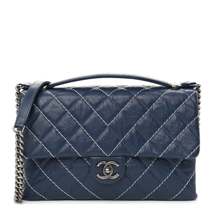 Chanel Aged Calfskin Chevron Stitched Quilted Flap Blue 1 of 10