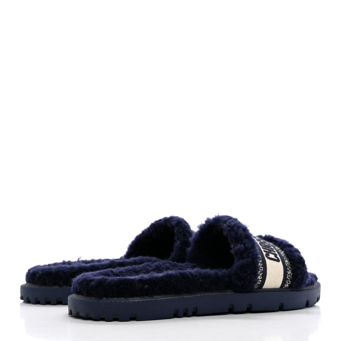 Shearling Canvas Embroidered Dway 10mm Slide Sandals 40 Deep Blue Natural