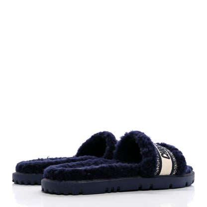 Christian Dior Shearling Canvas Embroidered Dway 10mm Slide Sandals 40 Deep Blue Natural 4 of 11