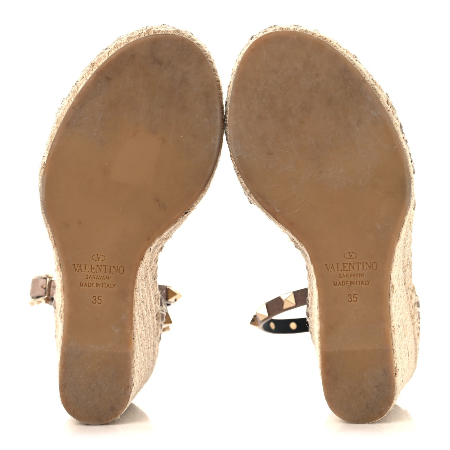 Grained Calfskin Rockstud Ankle Strap Espadrille 15/105mm Wedge Sandals 35 Poudre Natural