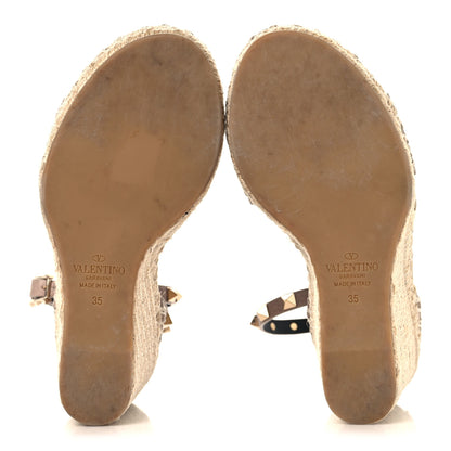 Valentino Garavani Grained Calfskin Rockstud Ankle Strap Espadrille 15/105mm Wedge Sandals 35 Poudre Natural 6 of 9