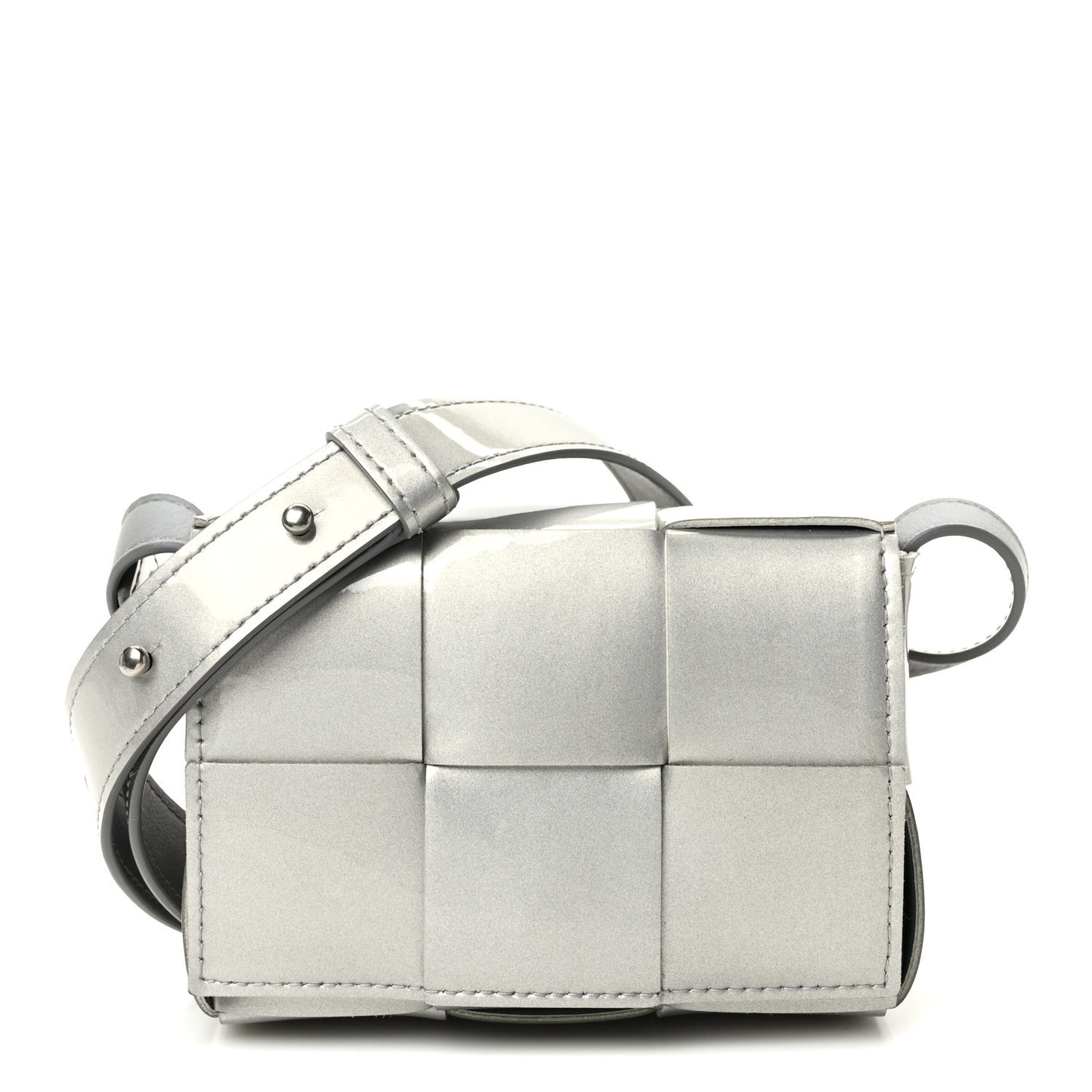 Metallic Patent Calfskin Maxi Intrecciato Extra Mini Cassette Crossbody Bag Silver