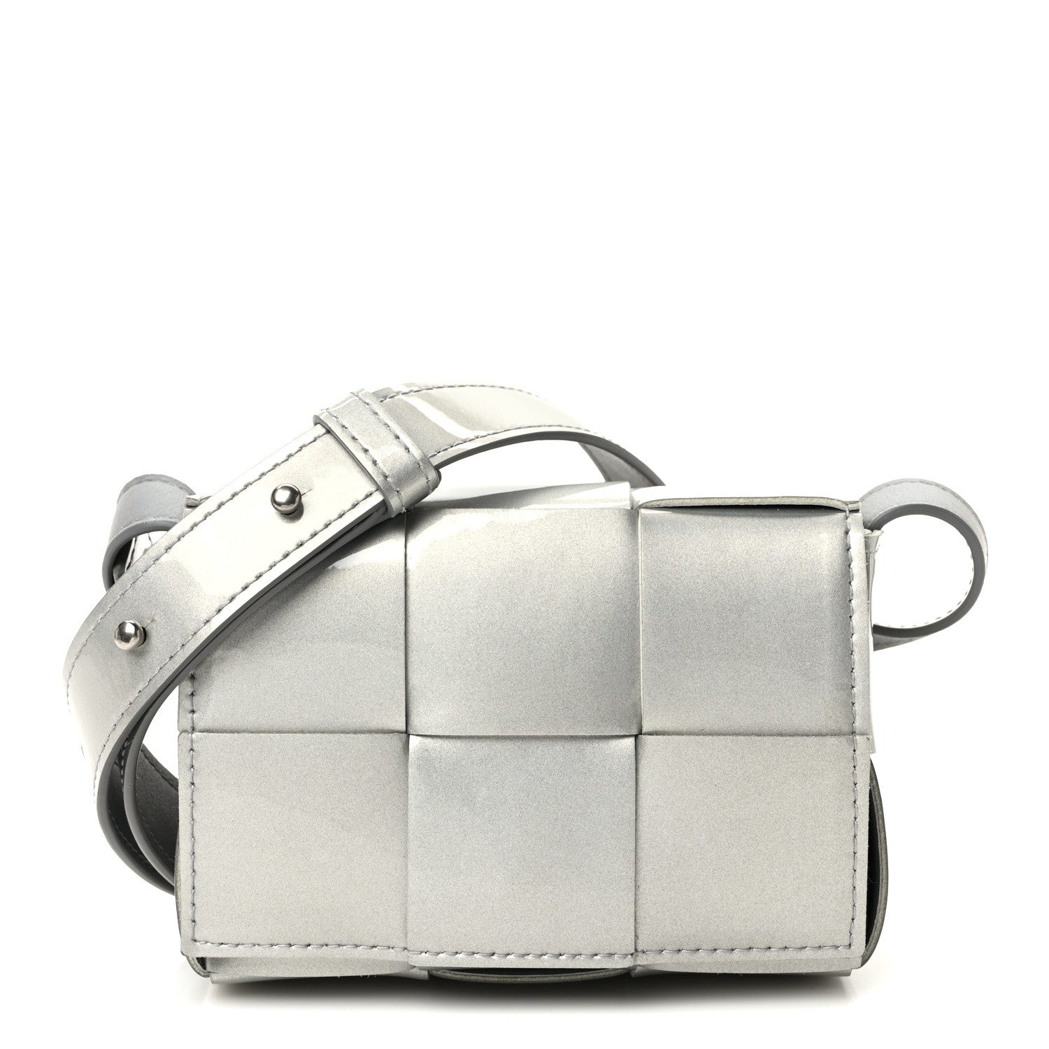 Bottega Veneta Metallic Patent Calfskin Maxi Intrecciato Extra Mini Cassette Crossbody Bag Silver 1 of 8