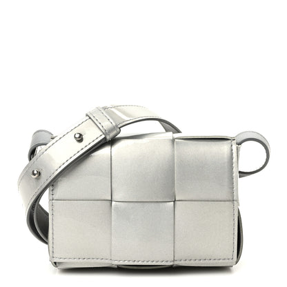 Bottega Veneta Metallic Patent Calfskin Maxi Intrecciato Extra Mini Cassette Crossbody Bag Silver 1 of 8