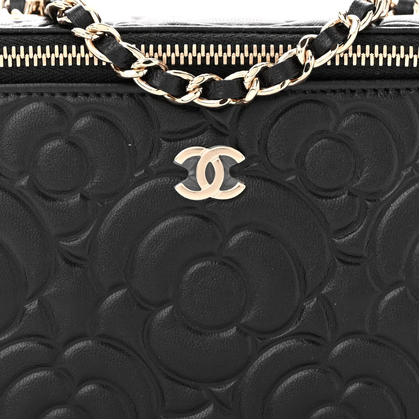 Lambskin Camellia Embossed Small Vanity Case With Chain Black