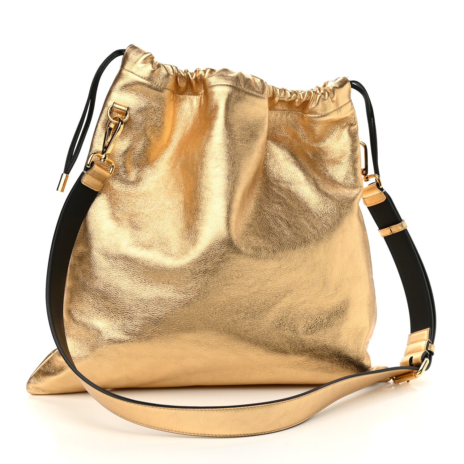Fendi Laminated Calfskin Medium Drawstring Pouch Bag Oro Black 3 of 11