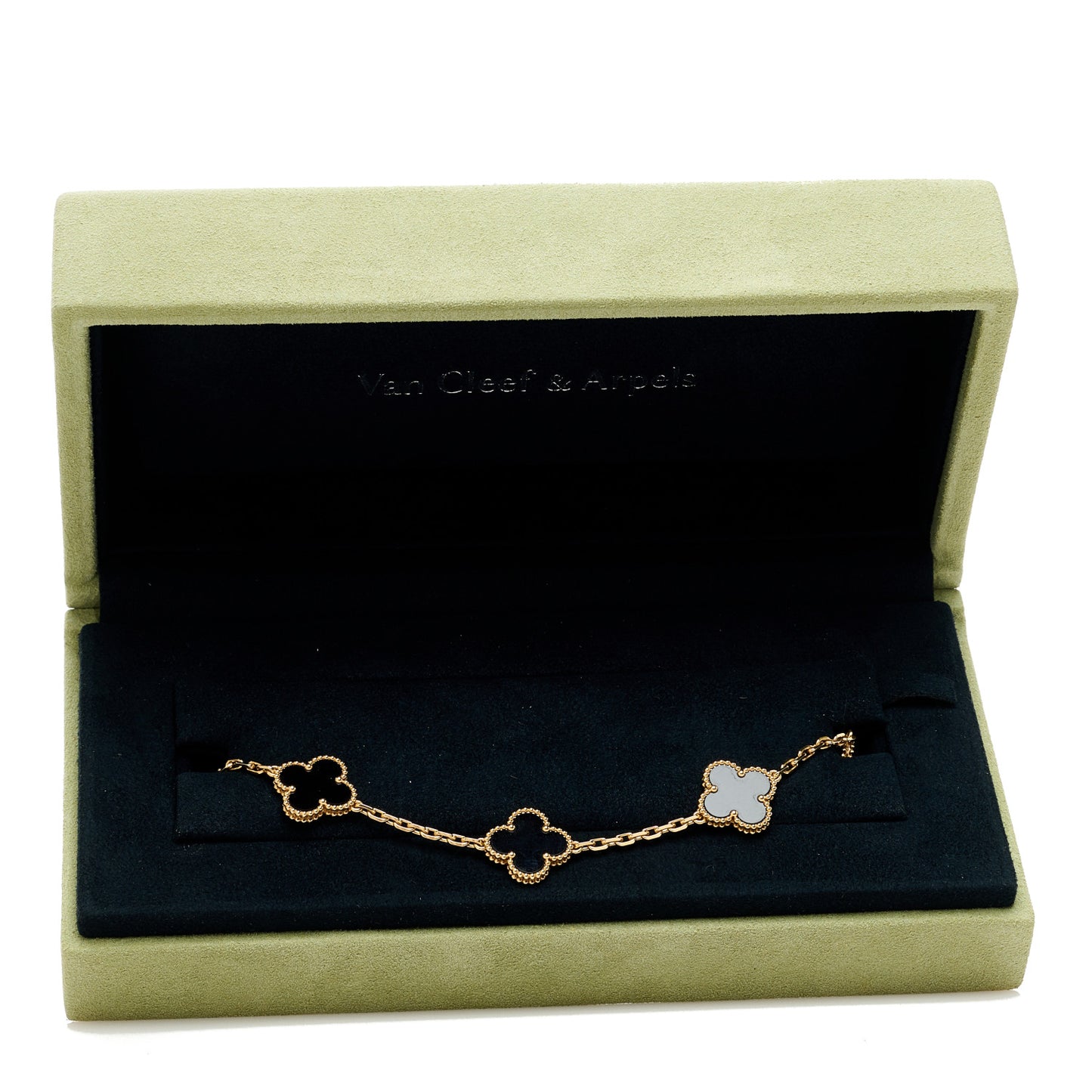 18K Yellow Gold Black Onyx 5 Motifs Vintage Alhambra Bracelet
