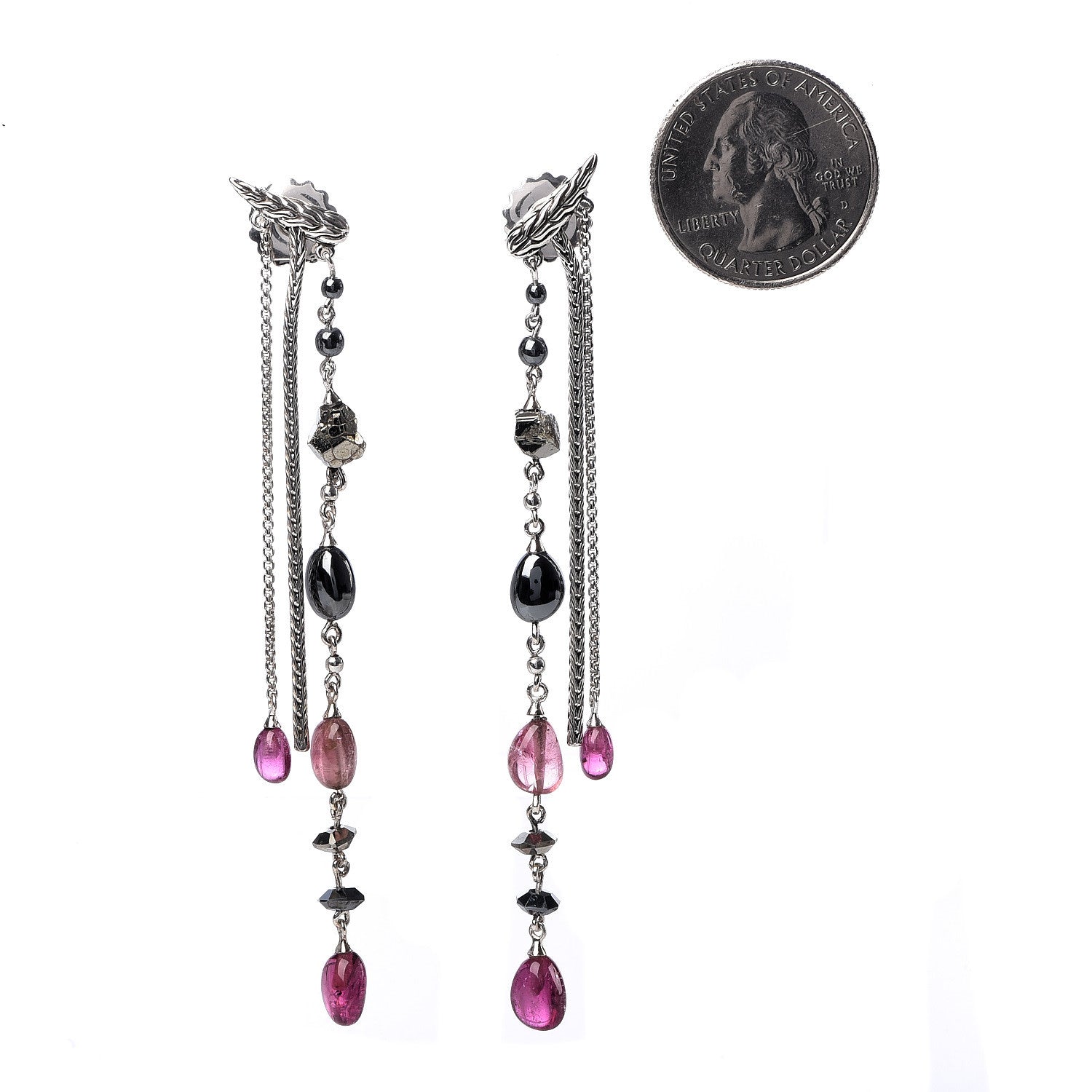 John Hardy X Adwoa Aboah Sterling Silver Pink Tourmaline Pyrite Hematite Classic Chain Drop Earrings 2 of 4
