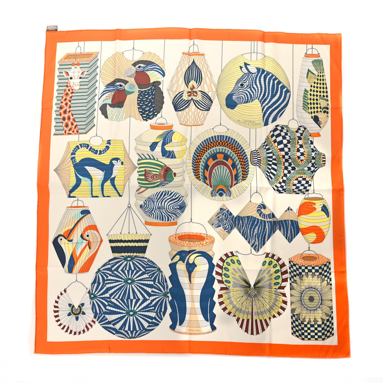 Hermes Silk Lanternes Ballons et Cocardes Scarf 90 Orange Creme Vert 1 of 4