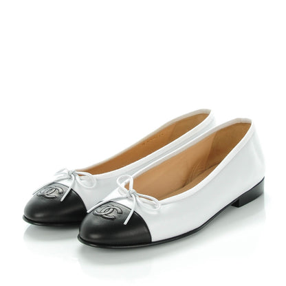 Chanel Lambskin Cap Toe CC Ballerina Flats 37 White Black 3 of 8