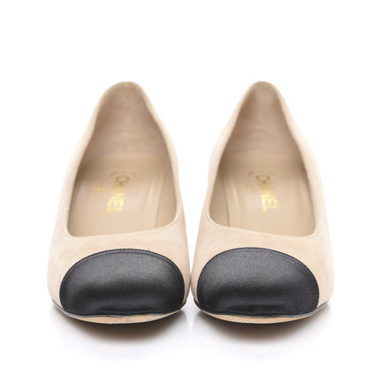 Chanel Suede Satin Cap Toe Low Heel Pumps 40 Beige Black 2 of 10