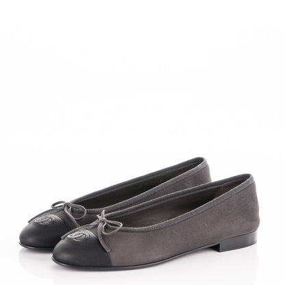 Chanel Suede Lambskin Cap Toe CC Ballerina Flats 36.5 Grey Black 3 of 8