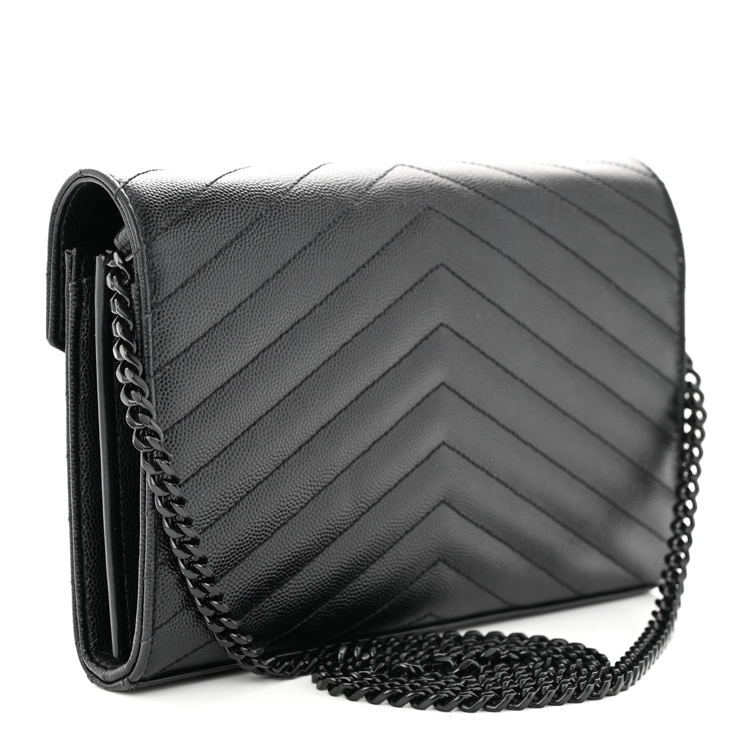 Saint Laurent Grain De Poudre Matelasse Chevron Monogram Monochrome Chain Wallet Black 3 of 10