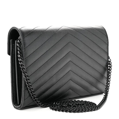 Saint Laurent Grain De Poudre Matelasse Chevron Monogram Monochrome Chain Wallet Black 3 of 10