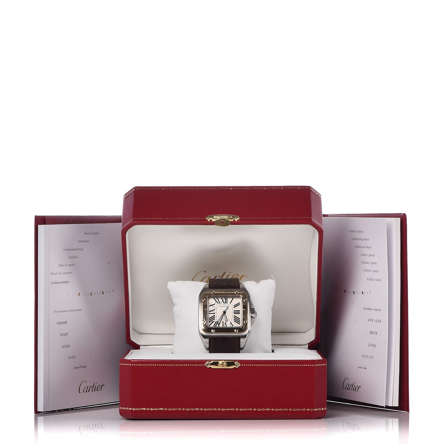 Stainless Steel 18K Yellow Gold Alligator 38mm Santos 100 Automatic Watch Brown