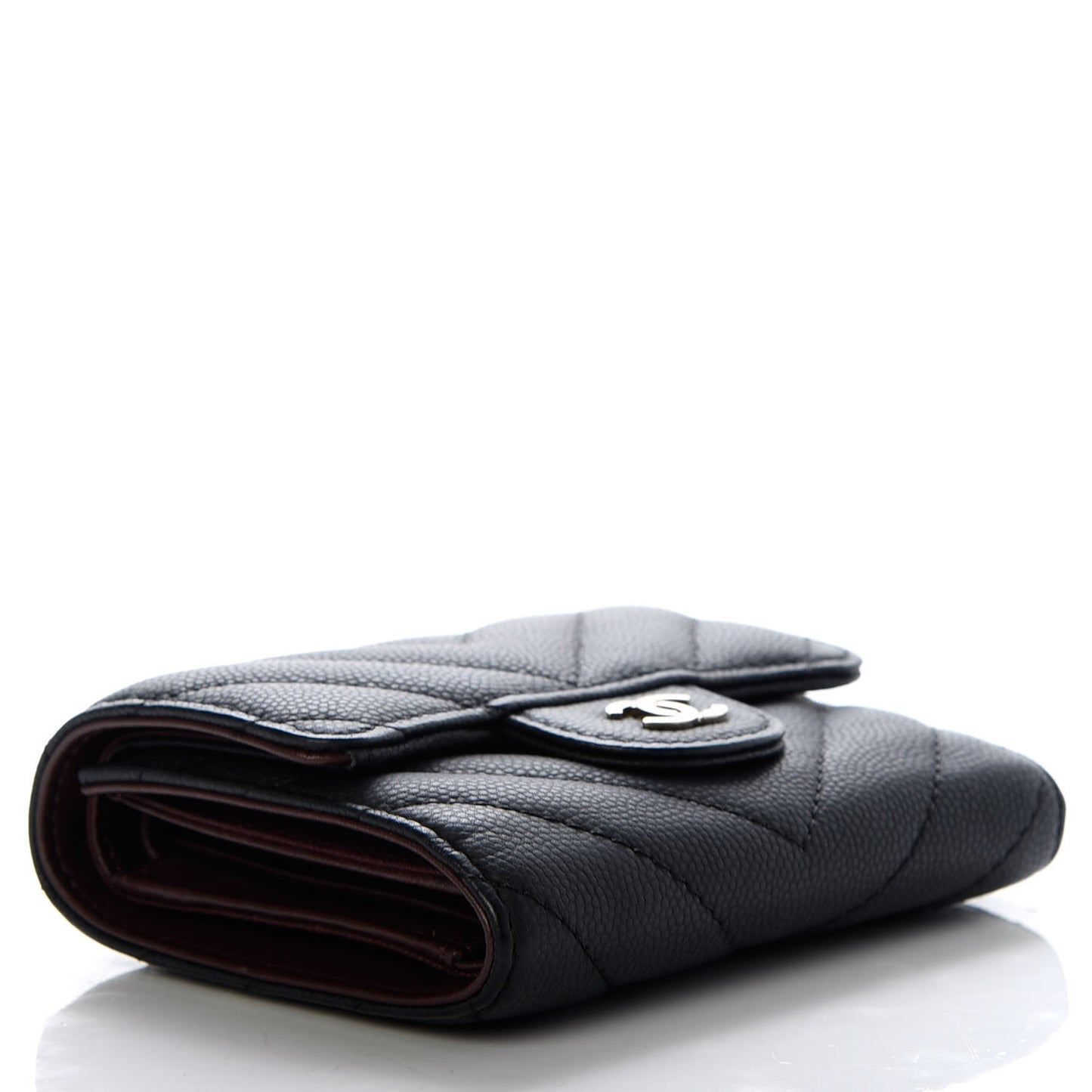 Caviar Chevron Quilted Compact Flap Wallet Black