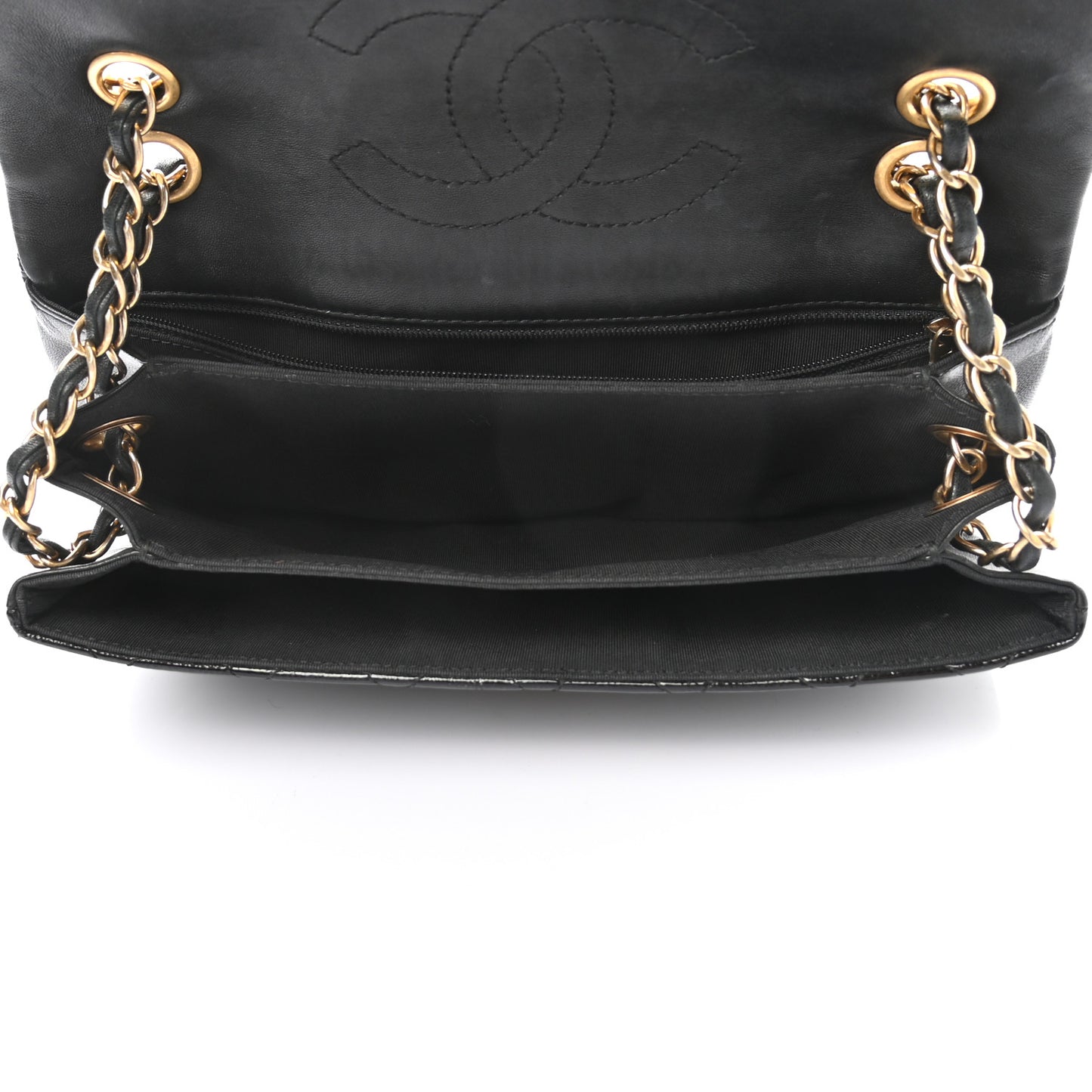 Patent Goatskin Quilted 3 Pocket Accordion Flap Black